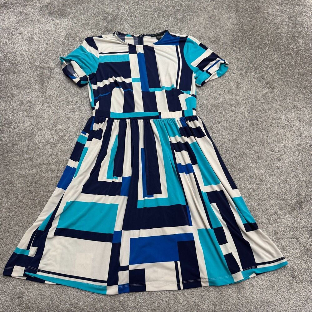 Maggy London Geometric Fit &Flare A-Line Dress Women 6 Blue Short Sleeve Stretch